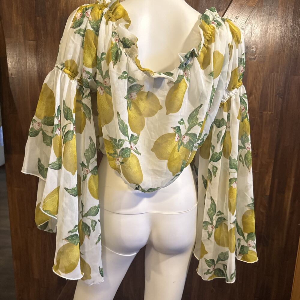 Ashley Stewart Sheer Lemon Print Off Shoulder Blouse Top 14/16 Plus Flowy Sleeve - Picture 7 of 10